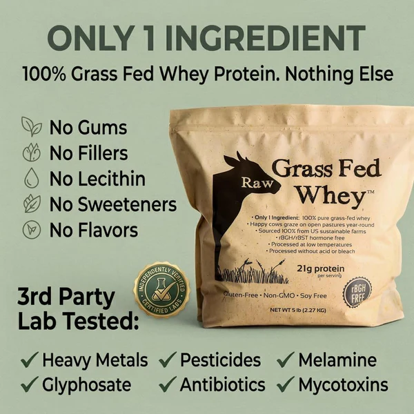 Raw Grass Fed Whey Protein Powder, Unflavored – 1 Ingredient, No Additives or Fillers, Undenatured, Made in USA